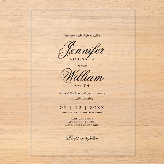 Huwelijk Elegant Romantisch Script Typografie Zwar Acryl Uitnodigingen (Voorkant)