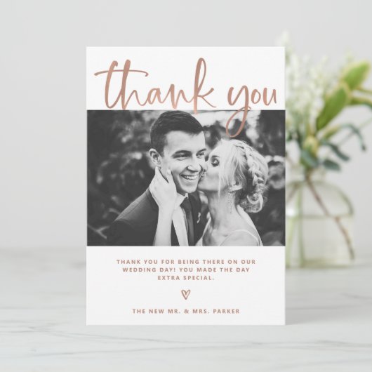 Huwelijk | Elegant White en Roos Gold met foto's Bedankkaart (Staand voorkant)