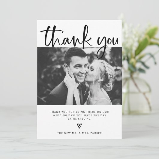 Huwelijk | Elegant zwart-wit met foto's Bedankkaart (Staand voorkant)