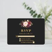 Huwelijk Elegante Bourgondische Bloemen Zwart Goud RSVP Kaartje (Staand voorkant)