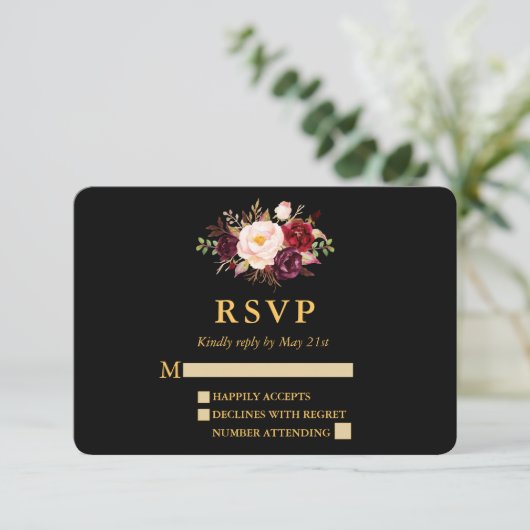 Huwelijk Elegante Bourgondische Bloemen Zwart Goud RSVP Kaartje (Staand voorkant)