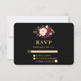 Huwelijk Elegante Bourgondische Bloemen Zwart Goud RSVP Kaartje