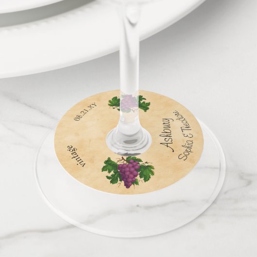 Huwelijk Elegante Purpe Druiven | Aangepaste naam Wijnglaslabel (Dichtbij)