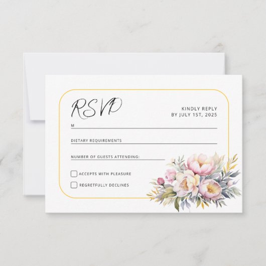 Huwelijk elegante roze pioenen RSVP (Voorkant)