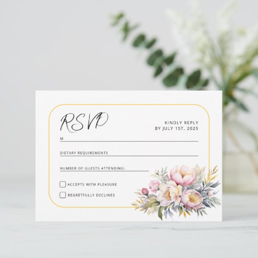 Huwelijk elegante roze pioenen RSVP (Staand voorkant)