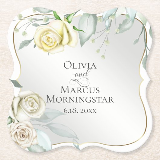 Huwelijk Elegante Waterverf Ivoor Geel Blush Roos Kartonnen Onderzetters (Voorkant)