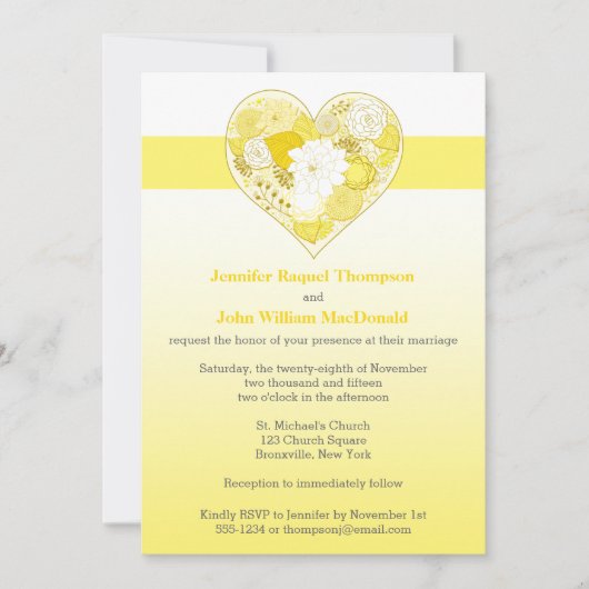 Huwelijk | Geel, wit | Ombre | Floral | Hart Kaart (Voorkant)