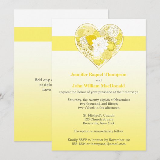 Huwelijk | Geel, wit | Ombre | Floral | Hart Kaart (Voorkant / Achterkant)