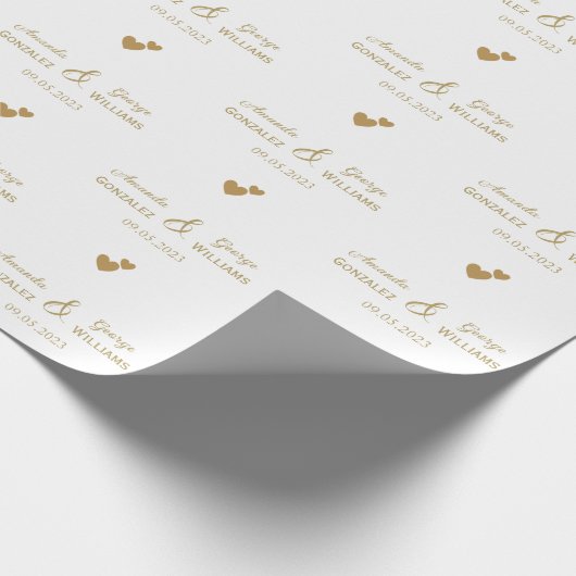 Huwelijk Gouden Harten Bruid en Bruidegom Namen, W Cadeaupapier (Hoek)