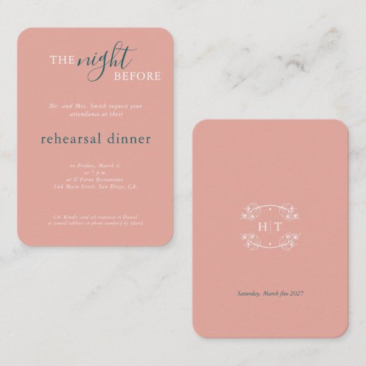 Huwelijk Groen Roze Monogram repetitie diner Informatiekaartje (Voorkant / Achterkant)