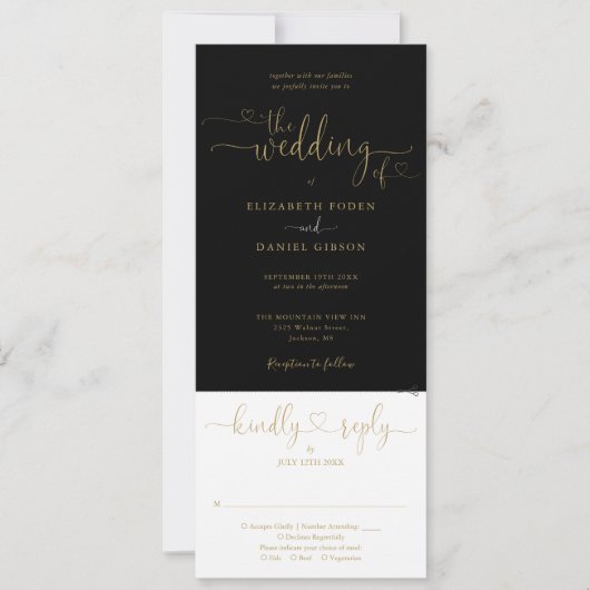 Huwelijk Heart Script Zwart en Goud All In One Kaart (Voorkant)