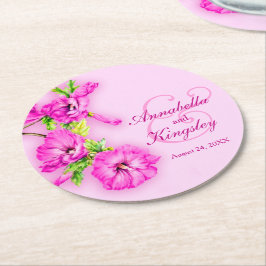 Huwelijk hibiscus roze waterverf papier onderzette ronde kartonnen onderzetter