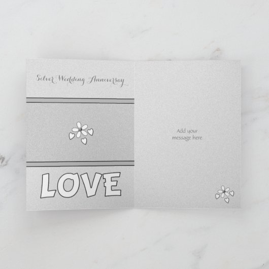 Huwelijk Jubileum 25e Zilveren harten en bloemen Kaart (Binnen)