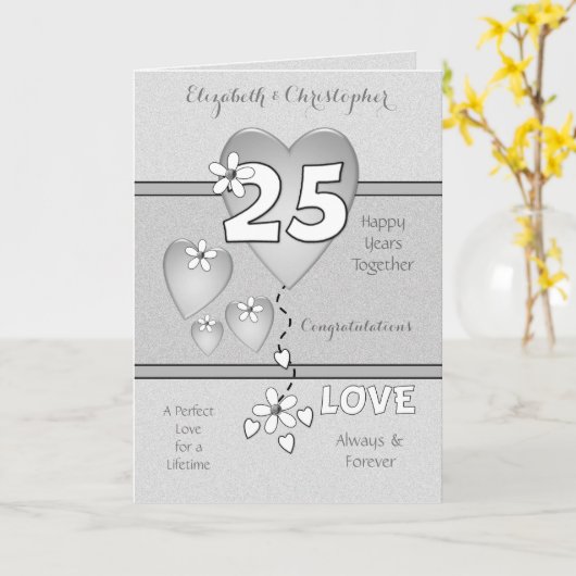 Huwelijk Jubileum 25e Zilveren harten en bloemen Kaart (Gele Bloem)
