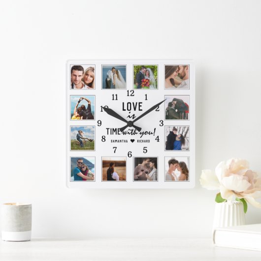 Huwelijk Jubileum Liefde Quote 12 Fotocollage Vierkante Klok (Huis)
