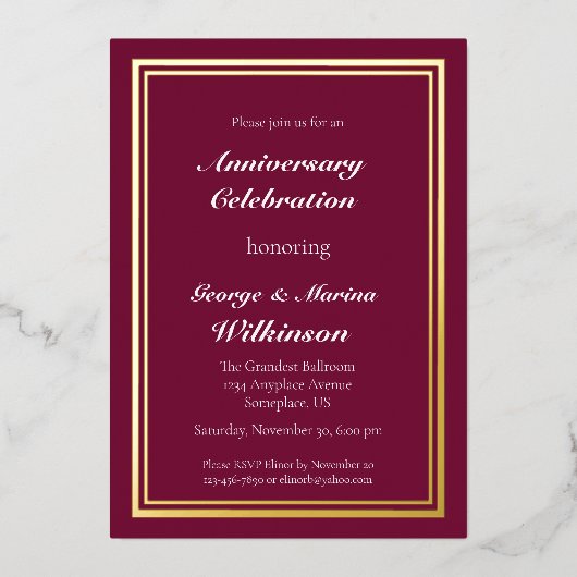 Huwelijk Jubileum Viering 50e Bourgondië Folie Uitnodiging (Voorkant)