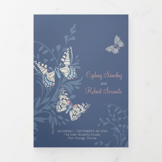 Huwelijk koraal blauwe vlinders all-in-one drieluik uitnodiging (Cover)