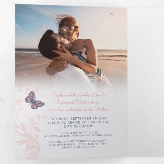 Huwelijk koraal blauwe vlinders all-in-one drieluik uitnodiging (Binnenzijde eerst)
