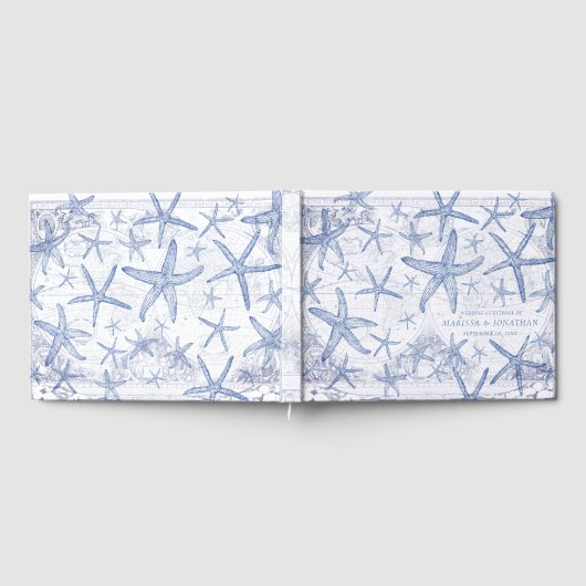 Huwelijk Kustster Vis Blauw en Wit Monogram Gastenboek (Volledig)