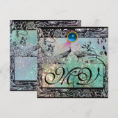 Huwelijk LIEFDEBOGELS INITIALEN Zwart Blauwe Pauw Aankondiging (Voorkant / Achterkant)