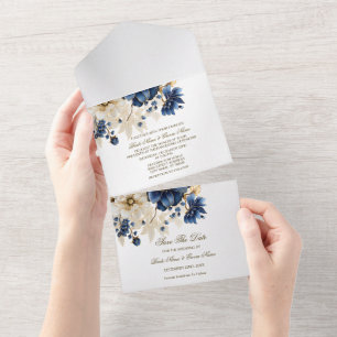 Huwelijk Marine Blauw Wit Gouden Bloemen Zilver All In One Uitnodiging