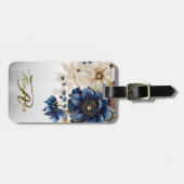 Huwelijk Marine Blauw Wit Gouden Bloemen Zilver Bagagelabel (Voorkant horizontaal)