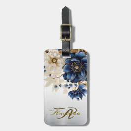 Huwelijk Marine Blauw Wit Gouden Bloemen Zilver Bagagelabel