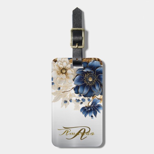 Huwelijk Marine Blauw Wit Gouden Bloemen Zilver Bagagelabel (Voorkant verticaal)