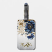 Huwelijk Marine Blauw Wit Gouden Bloemen Zilver Bagagelabel (Achterkant verticaal)