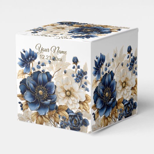 Huwelijk Marine Blauw Wit Gouden Bloemen Zilver Bedankdoosjes (Voorkant Zijde)