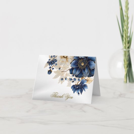Huwelijk Marine Blauw Wit Gouden Bloemen Zilver Bedankkaart (Voorkant)