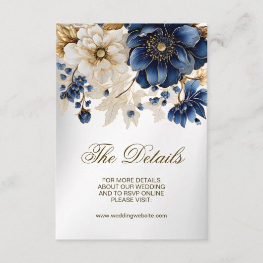 Huwelijk Marine Blauw Wit Gouden Bloemen Zilver Informatiekaartje (Voorkant)