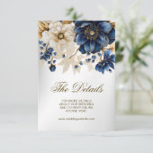 Huwelijk Marine Blauw Wit Gouden Bloemen Zilver Informatiekaartje (Staand voorkant)