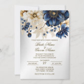 Huwelijk Marine Blauw Wit Gouden Bloemen Zilver Kaart (Voorkant)
