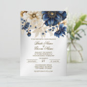 Huwelijk Marine Blauw Wit Gouden Bloemen Zilver Kaart (Staand voorkant)