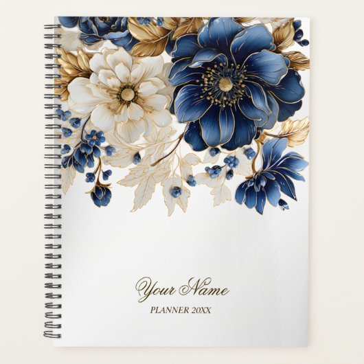 Huwelijk Marine Blauw Wit Gouden Bloemen Zilver Planner (Voorkant)