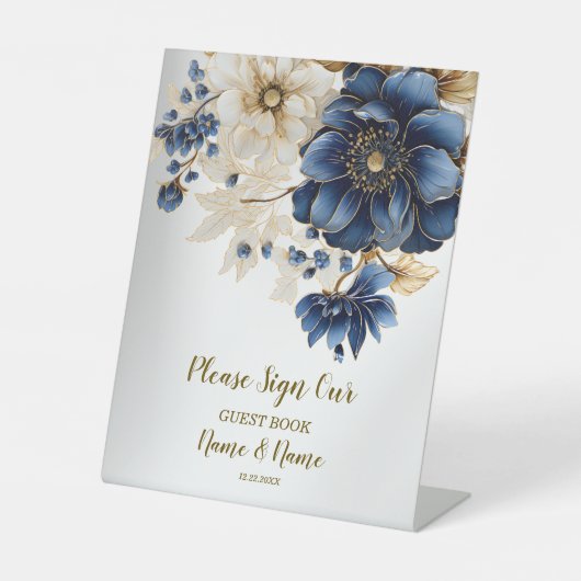 Huwelijk Marine Blauw Wit Gouden Bloemen Zilver Reclamebord Met Voetstuk (Voorkant)