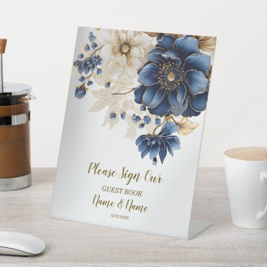 Huwelijk Marine Blauw Wit Gouden Bloemen Zilver Reclamebord Met Voetstuk (Insitu)