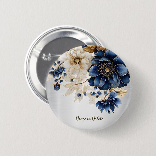 Huwelijk Marine Blauw Wit Gouden Bloemen Zilver Ronde Button 5,7 Cm (Voorkant /achterkant)