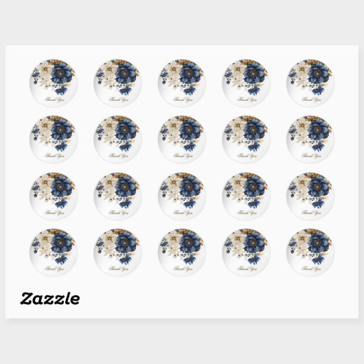 Huwelijk Marine Blauw Wit Gouden Bloemen Zilver Ronde Sticker (Vel)