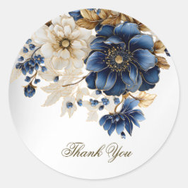 Huwelijk Marine Blauw Wit Gouden Bloemen Zilver Ronde Sticker