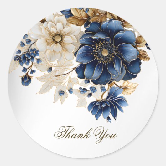 Huwelijk Marine Blauw Wit Gouden Bloemen Zilver Ronde Sticker (Voorkant)