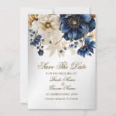 Huwelijk Marine Blauw Wit Gouden Bloemen Zilver Save The Date (Voorkant)