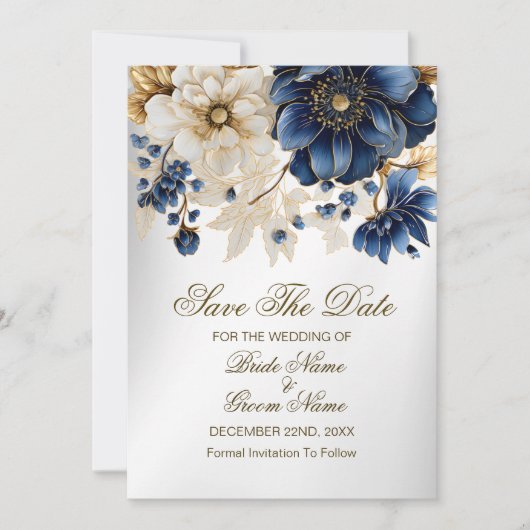 Huwelijk Marine Blauw Wit Gouden Bloemen Zilver Save The Date (Voorkant)