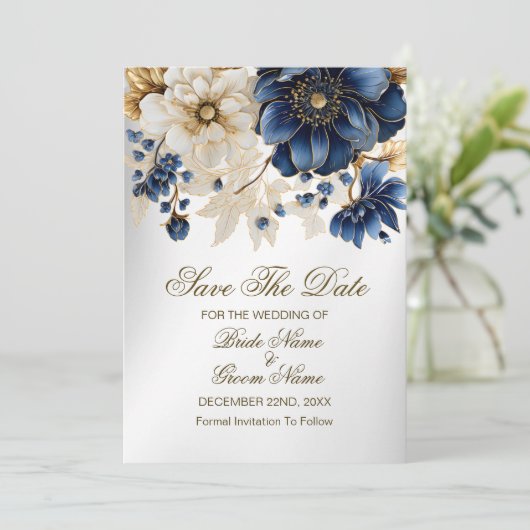 Huwelijk Marine Blauw Wit Gouden Bloemen Zilver Save The Date (Staand voorkant)
