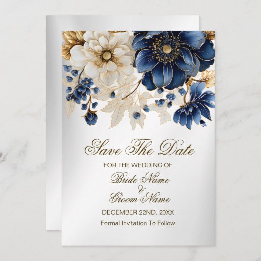 Huwelijk Marine Blauw Wit Gouden Bloemen Zilver Save The Date (Voorkant / Achterkant)