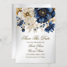 Huwelijk Marine Blauw Wit Gouden Bloemen Zilver