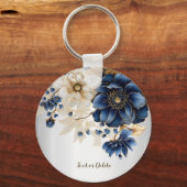Huwelijk Marine Blauw Wit Gouden Bloemen Zilver Sleutelhanger (Voorkant)