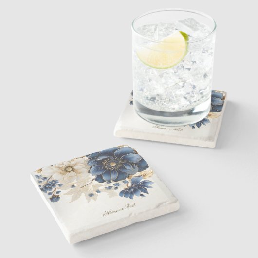 Huwelijk Marine Blauw Wit Gouden Bloemen Zilver Stenen Onderzetter (Zijkant)