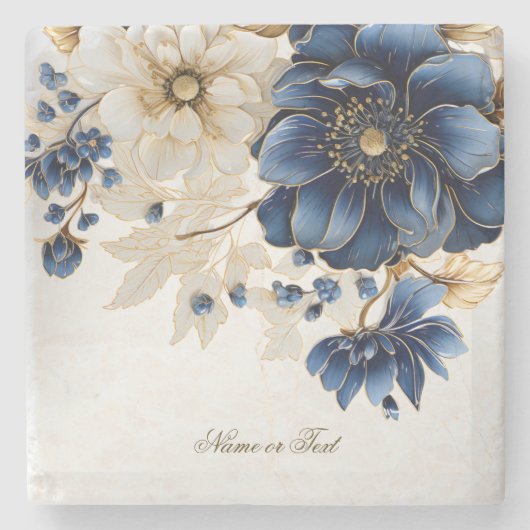 Huwelijk Marine Blauw Wit Gouden Bloemen Zilver Stenen Onderzetter (Voorkant)